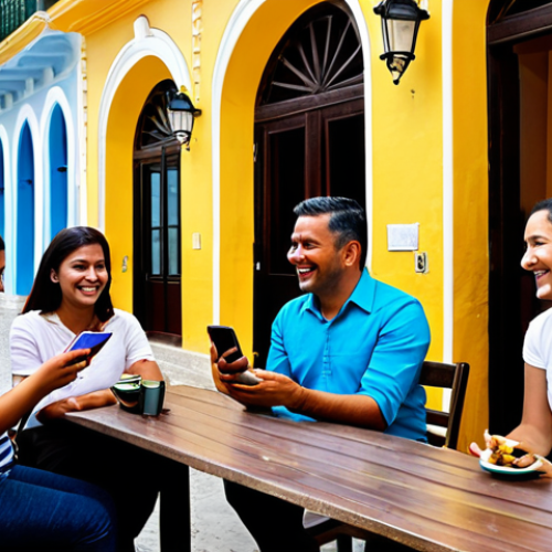 Home 4 A group of diverse Colombian adults, fully clothed in modest, everyday attire, are gathered in a vibrant, bustling outdoor cafe in Cartagena, each gently interacting with their smartphones. They are smiling and engaged in conversation, some showing their screens to others, reflecting strong social connections. The background features colorful colonial architecture and lively street activity. Perfect anatomy, correct proportions, natural poses, well-formed hands, proper finger count, natural body proportions. Professional photography, high quality, safe for work, appropriate content, fully clothed, family-friendly.