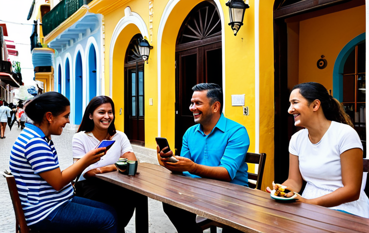 A group of diverse Colombian adults, fully clothed in modest, everyday attire, are gathered in a vibrant, bustling outdoor cafe in Cartagena, each gently interacting with their smartphones. They are smiling and engaged in conversation, some showing their screens to others, reflecting strong social connections. The background features colorful colonial architecture and lively street activity. Perfect anatomy, correct proportions, natural poses, well-formed hands, proper finger count, natural body proportions. Professional photography, high quality, safe for work, appropriate content, fully clothed, family-friendly.