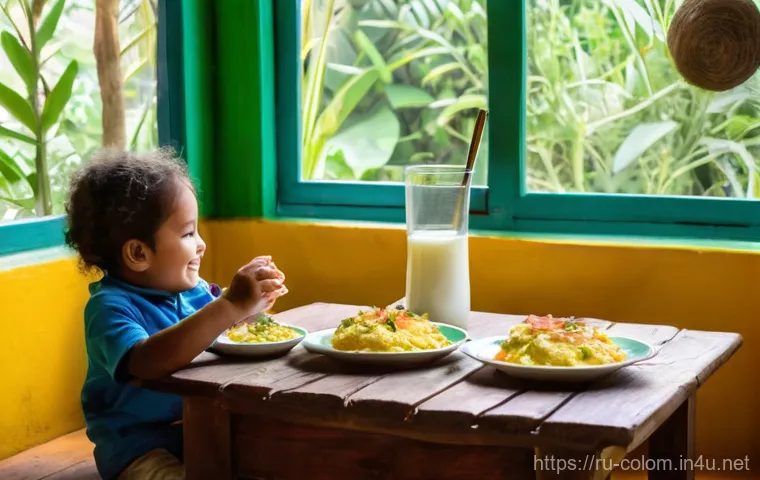 콜롬비아 전통음식 소개 - **Colombian Breakfast Delights:** A warm and inviting scene of a traditional Colombian breakfast tab...