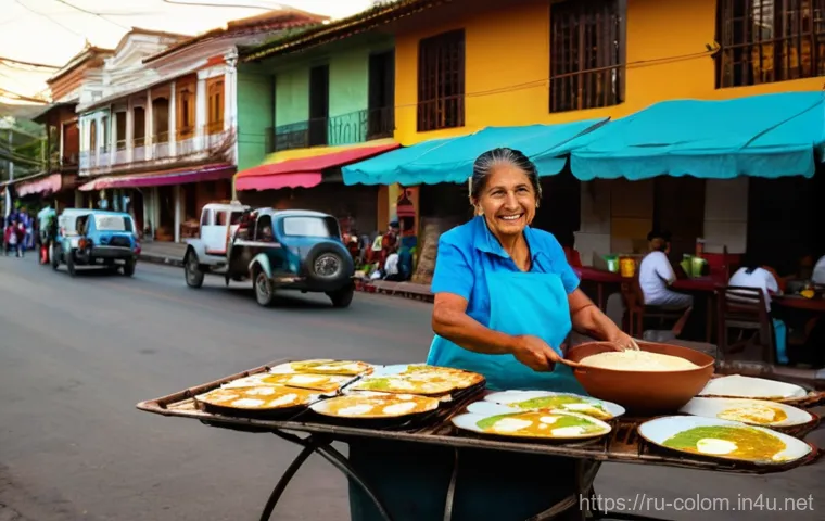콜롬비아에서의 스트리트 푸드 베스트 - **Prompt 1: Colombian Arepa Vendor at Sunrise**
    A vibrant, realistic photograph of an authentic ...