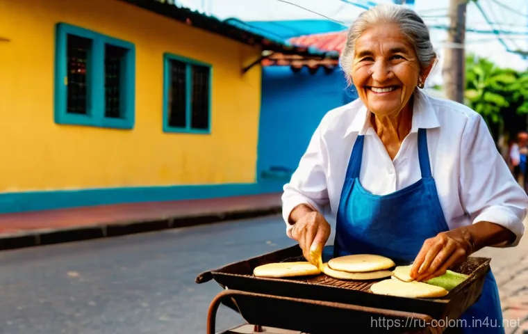 콜롬비아에서의 스트리트 푸드 베스트 - **Prompt 1: Colombian Arepa Vendor at Sunrise**
    A vibrant, realistic photograph of an authentic ...