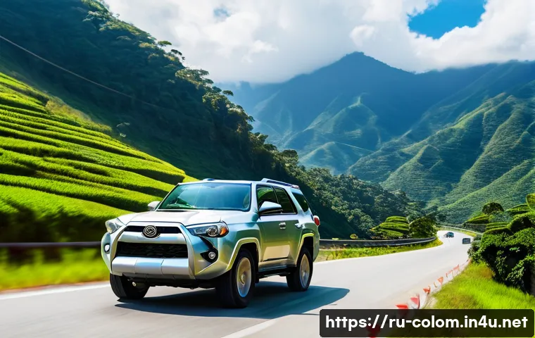 콜롬비아 교통법규 및 운전면허 정보 - **Prompt:** A sunny Colombian highway scene. A late model Toyota 4Runner, slightly dusty, is careful...