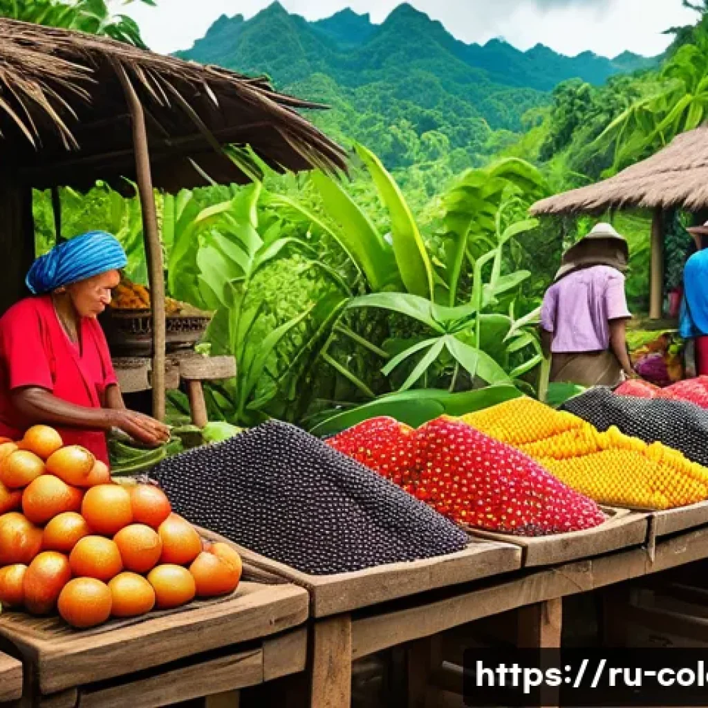 콜롬비아에서의 지역별 특산물 - A vibrant Amazonian jungle market scene showcasing exotic fruits like acai berries, guarana, and fre...