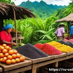콜롬비아에서의 지역별 특산물 - A vibrant Amazonian jungle market scene showcasing exotic fruits like acai berries, guarana, and fre...