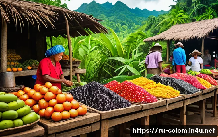 콜롬비아에서의 지역별 특산물 - A vibrant Amazonian jungle market scene showcasing exotic fruits like acai berries, guarana, and fre...