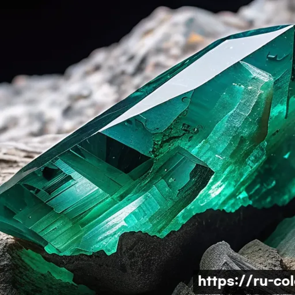 콜롬비아 에메랄드 광산 - A close-up view of a radiant Colombian emerald crystal embedded in a rich, layered rock matrix withi...