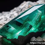 콜롬비아 에메랄드 광산 - A close-up view of a radiant Colombian emerald crystal embedded in a rich, layered rock matrix withi...