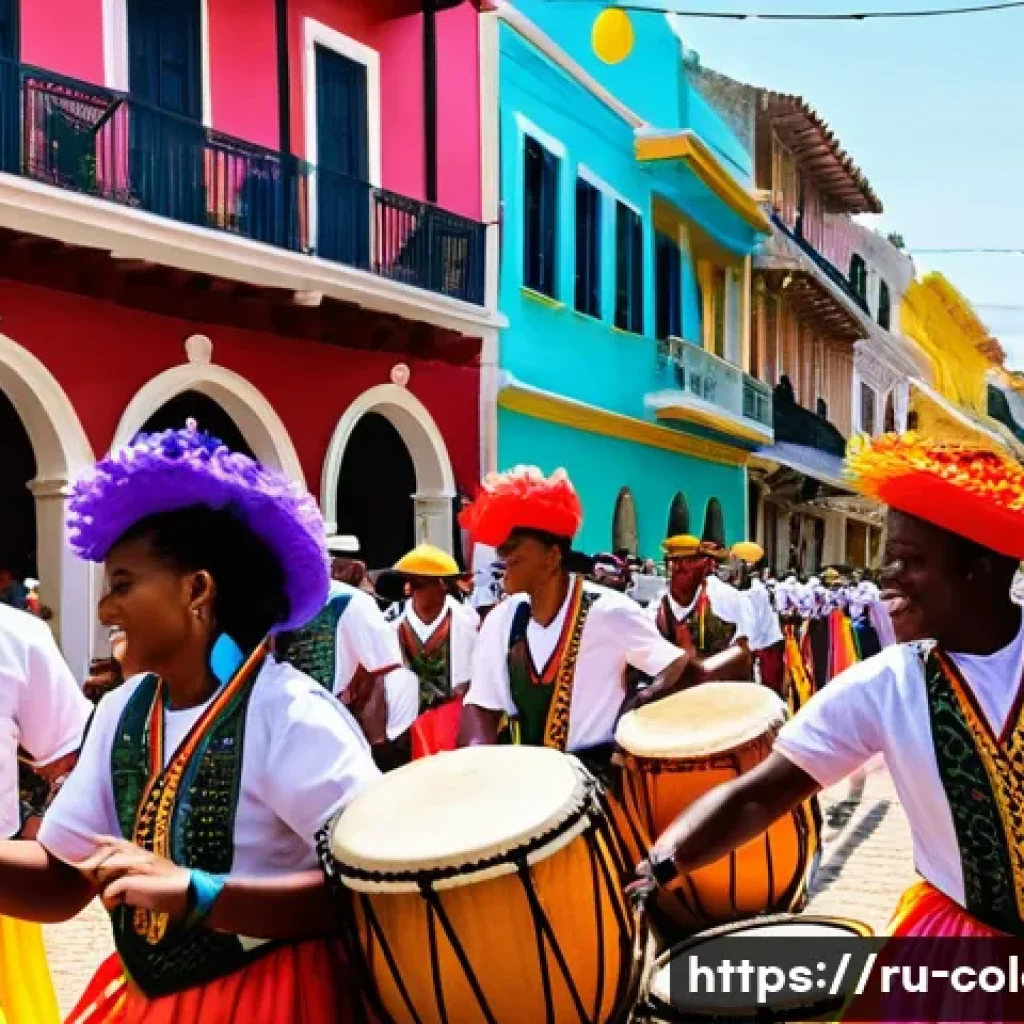 콜롬비아에서의 기념일 및 공휴일 - A vibrant street scene from Cartagena’s carnival, featuring diverse groups of people wearing colorfu...