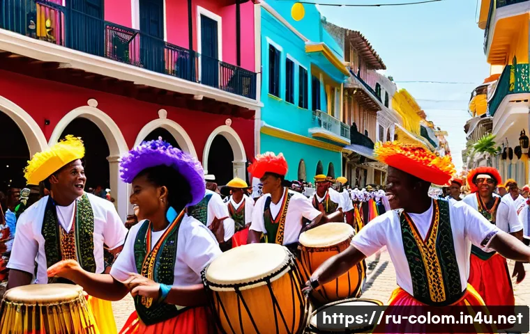 콜롬비아에서의 기념일 및 공휴일 - A vibrant street scene from Cartagena’s carnival, featuring diverse groups of people wearing colorfu...