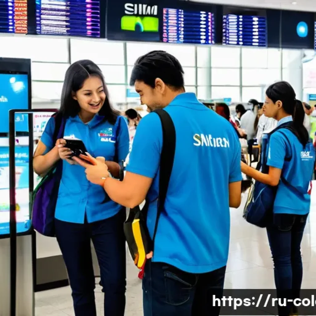 콜롬비아에서 스마트폰 유심 구매 방법 - A busy airport arrival hall in Colombia featuring colorful signage of major mobile operators like Cl...