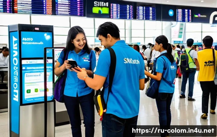콜롬비아에서 스마트폰 유심 구매 방법 - A busy airport arrival hall in Colombia featuring colorful signage of major mobile operators like Cl...