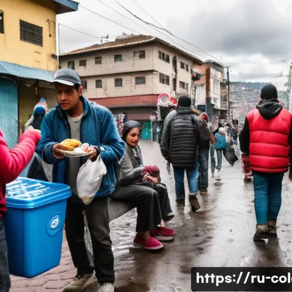 콜롬비아에서의 노숙자 문제와 해결책 - A detailed urban street scene in Bogotá, Colombia, showing a diverse group of vulnerable people expe...