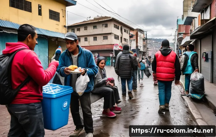 콜롬비아에서의 노숙자 문제와 해결책 - A detailed urban street scene in Bogotá, Colombia, showing a diverse group of vulnerable people expe...