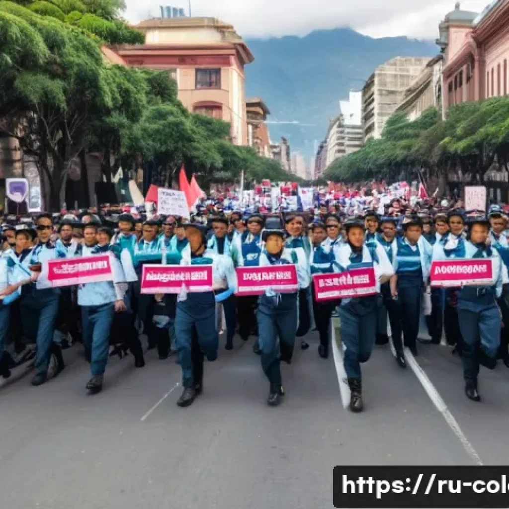 보고타 혁명과 정치 변동 - A detailed scene of a 20th-century Latin American city street in Bogotá during revolutionary protest...