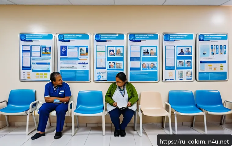 콜롬비아의 의료보험 제도 - A modern Colombian public hospital waiting room filled with diverse patients of various ages, includ...