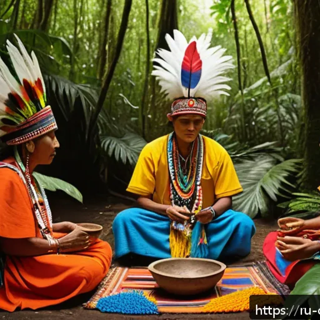 콜롬비아 원주민 문화 - A vibrant scene depicting Colombian indigenous people in traditional attire made of colorful fabrics...