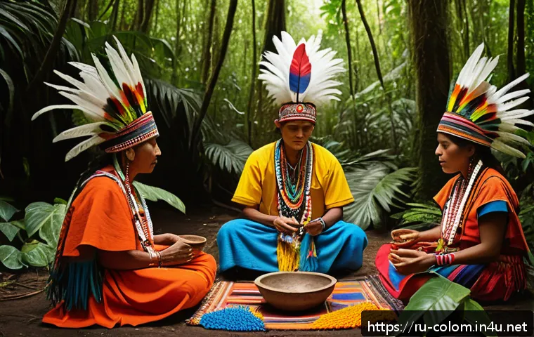 콜롬비아 원주민 문화 - A vibrant scene depicting Colombian indigenous people in traditional attire made of colorful fabrics...