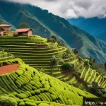 콜롬비아 커피 문화와 체험 - A vibrant Colombian coffee plantation nestled in the Andes mountains during early morning light, sho...