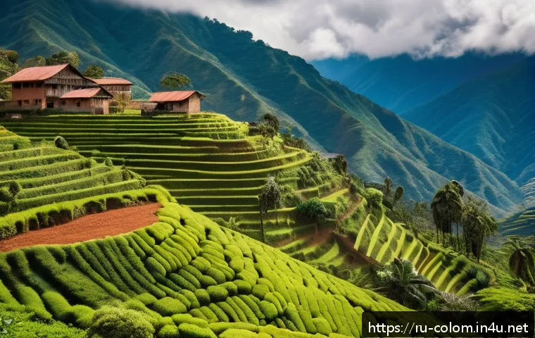 콜롬비아 커피 문화와 체험 - A vibrant Colombian coffee plantation nestled in the Andes mountains during early morning light, sho...