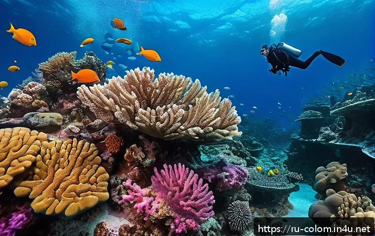 콜롬비아 다이빙 명소 추천 - A vibrant underwater coral reef scene in the Rosario Nature Reserve, showcasing a diverse mosaic of ...