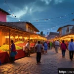 가브리엘 가르시아 마르케스 작품 분석 - A vivid scene inspired by Gabriel García Márquez's magical realism: a bustling Latin American villag...